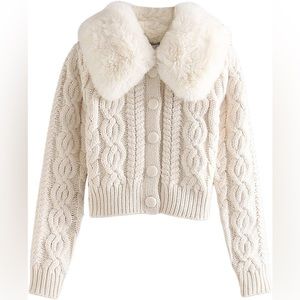 ZARA FAUX FUR TRIM CABLE KNIT CARDIGAN CROP SWEATER - Size XS